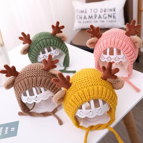 Winter Cute Cartoon Elk Baby Hat Christmas Knitted Kids Hat Warm Infant Baby Boy Girls Cap Ear Protection Children Beanie Bonnet