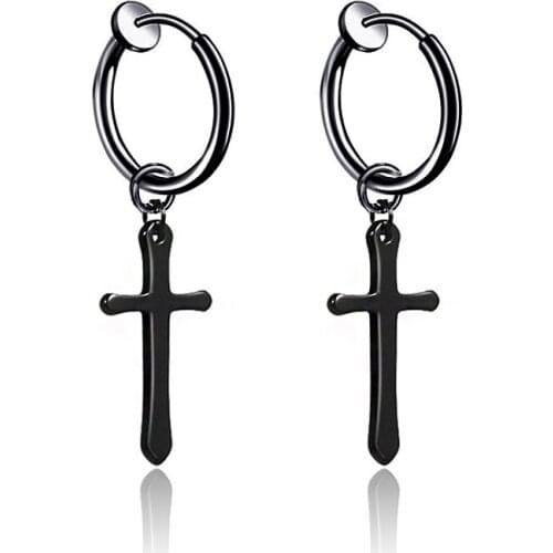 1Pair 2PC There is no ear hole Men Women Cross Earrings Trendy Hip Hop Rock Clip Earring Male Punk Jewelry Black Silver Color