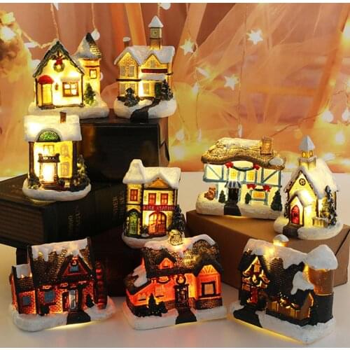 4pcs Resin Christmas House Ornament Micro Landscape LED Light Xmas Village Decorative Party Home Decoration