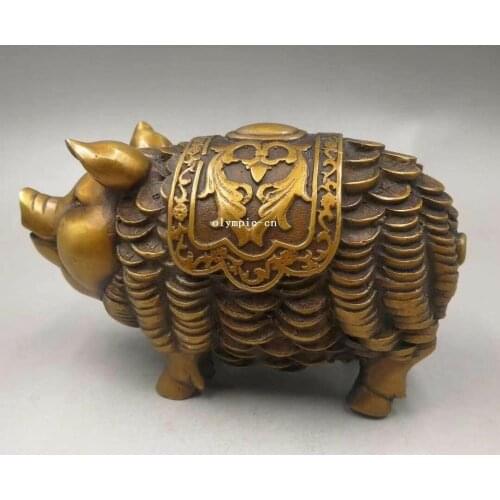 5'' copper carved home fengshui auspicious good fortune treasure pig statue