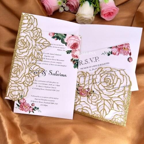 50pcs Gold Glitter Laser Cut Pocket Wedding Invitation with RSVP 30+ Color DIY Invitations for Quicneanera Anniversary Invites