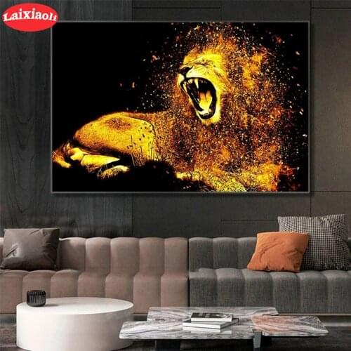 5D round Diamond Embroidery Abstract animal art, black gold lion Diamond Painting Full Square Mosaic Cross Stitch Handmade Gift