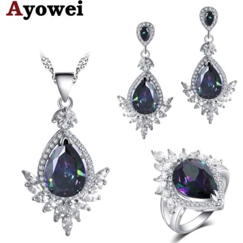 Ayowei Crown shape Water Drop Design 925 Silver multicolor Zircon for girl earrings Necklace Ring Jewelry Set JS764A
