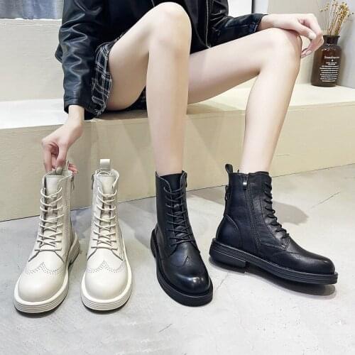 Genuine Leather Boots Women Heels Designer Shoes Womens Platforms Martin Ankle Boots Female Chunky Black Shoes Woman Booties 34