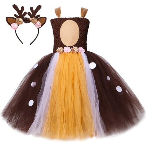 Kids Deer Dresses for Girls Reindeer Tutu Dress Long Christmas Halloween Costume for Kids Girl Elk Clothes for Birthday Party