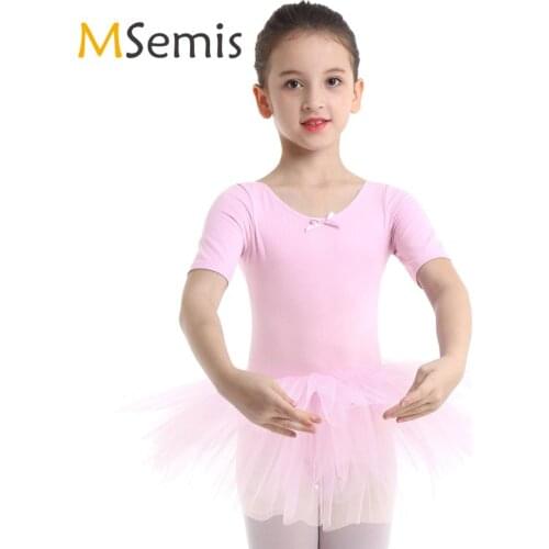 Kids Girls Gymnatic Ballet Leotard Costume Short Sleeve Ballerina Mesh Tulle Ballet Dancewear Leotard Dress for Dance Class