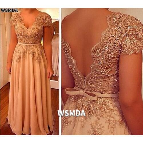 Long Chiffon Mother of The Bride Dresses for Wedding Party Lace Beading Capped Sleeves V-Neck V-Back Zipper Formal Party Gown