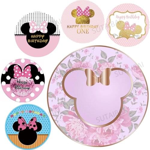 Pink Flower Round Background Circle Backdrop Mouse Girl Birthday Party Decoration Table Cover Baby Shower Portrait Photocall