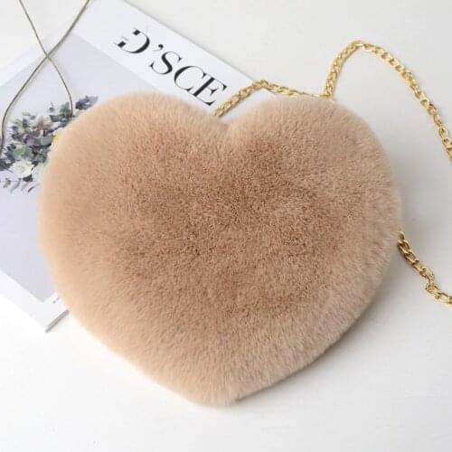 Fashion Womens Heart Shaped Handbags Cute Kawaii Faux Fur Crossbody Bags Wallet Purse Plush Chain Shoulder Bag Lady Handbag