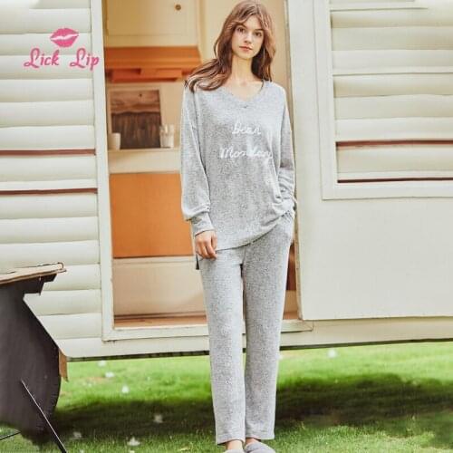 Lick Lip Autumn Cotton Letters Pajama Embroidered Long-sleeved Two-piece Ladies Nightwear Casual Comfort Home service SWD8295-40