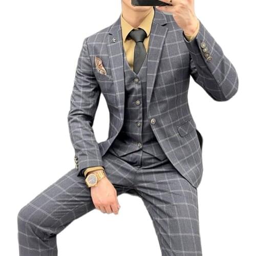 Jacket + Vest + Pants ) Korean Fashion Mens Plaid Casual Business Suit High-end Social Formal Suit 3 Pcs Set Groom Wedding