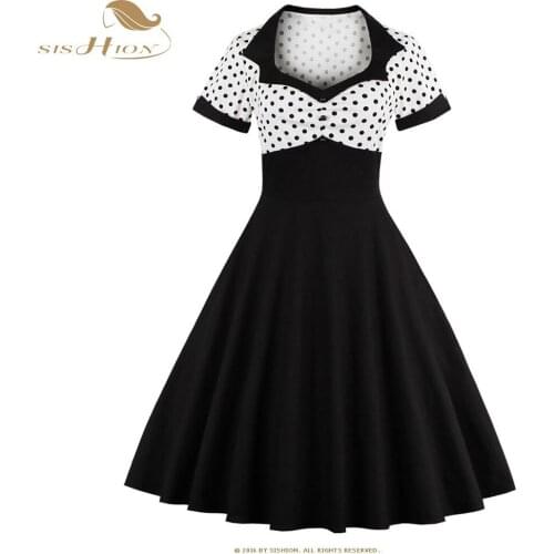 SISHION New Year 2021 Christmas Dress Women SP0606 Cotton Autumn Short Sleeve Green Black Swing Vintage Polka Dot Dress
