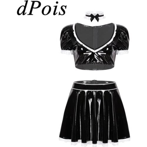 DPOIS Women Latex French Maid Dress Cosplay Costume Ladies Wetlook Leather Lingerie Dress Suit Crop Top & Short Skirt Choker