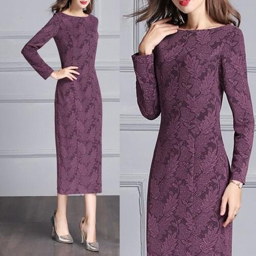 Fall Spring Women Long Sleeve Glitter Purple Wine Red Jacquard Floral Elegant Long Dress , Autumn Woman Mum Slim 4xl Dresses