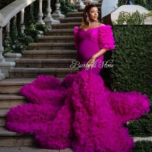 2021 Extra Puffy Tulle Mermaid Pregnancy Dress To Photo Shoot Off Shoulder Luxury Ruffles Mesh Maternity Robes Baby Shower Dress