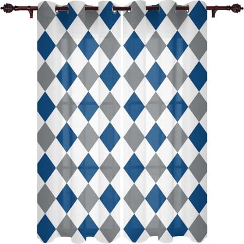 Rhombus Check Texture Blue Gray Modern Curtains for Living Room Luxury Window Treatments Bedroom Kitchen Curtains Drapes