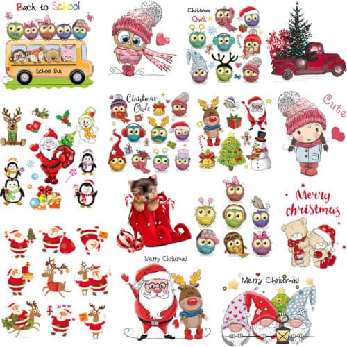 Merry Christmas Santa Claus Transfer For Clothing Iron On Cute Owl Heat Transfers For Clothes Applique Stickers For DIY T-shirt