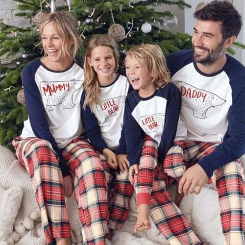 Christmas Family Matching Pajamas Set Father Mother and kids Homewear Bear Cartoon Print Cotton Set Sleepwear