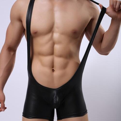 Tanga Hombre Men Sexy Faux Leather Boxer Bodysuit PU Flexible Catsuit Open Gay Underwear Halter Singlet Erotic Men Lingerie