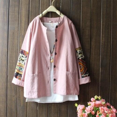 Art Retro Autumn New Cotton And Linen Blouse Women Patchwork Printed Long-sleeved Cardigan Shirt Pink Blusas Chemise Femme