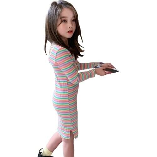 Rainbow Striped Knit Dress Age For 2 - 8 Years Baby Girl 2021 New Spring Long Sleeve Colorful Dress Backless Little Girls Frocks