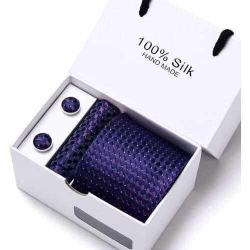 High quality Holiday Gift Box Men Purple Slik Tie Handky cufflink Set Necktie Pocket Square Gravata Wedding Business Group