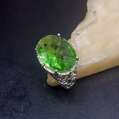 Gemstonefactory Jewelry Big Promotion Single Unique 925 Silver Fashion Oval Green Topaz Women Men Gifts Rings 9# 20213104