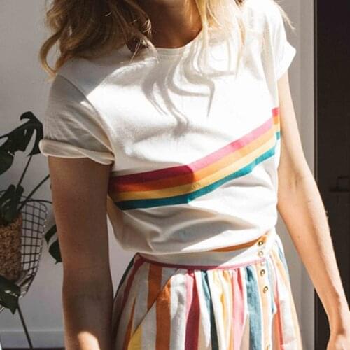 Rainbow Print T shirt Women Striped Round Collar Loose Short Sleeve Tee Elegant Tops 2021 Chic Spring Autumn Vintage Casual Tee