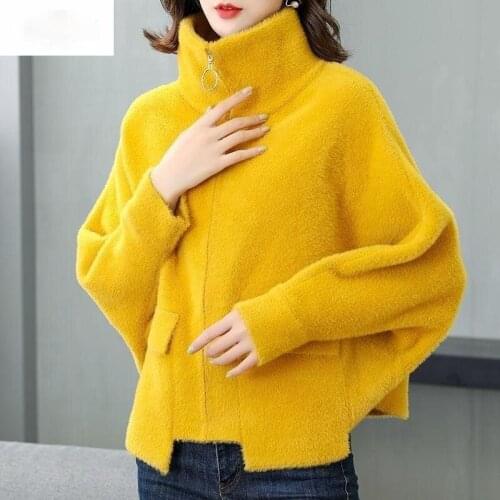 2021 Womens Imitation Mink Velvet Coat Autumn Winter Loose Bat Sleeve Stand Collar Cardigan Female Knitted Tops Femme X326