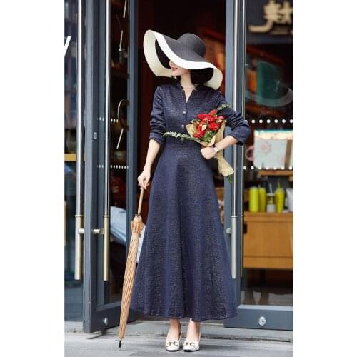 Spring Autumn Long Dress England Style Long Dress V-neck Office Lady Women Bling Bling Maxi Dress Birthday Dress for Women