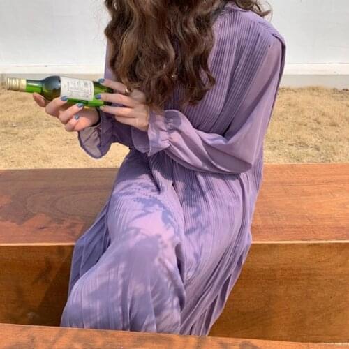 2021 New Fashion Stand Flare Sleeve Pleated Medium Length Purple Solid A-Line Draped Ankle-Length Dresses for Women