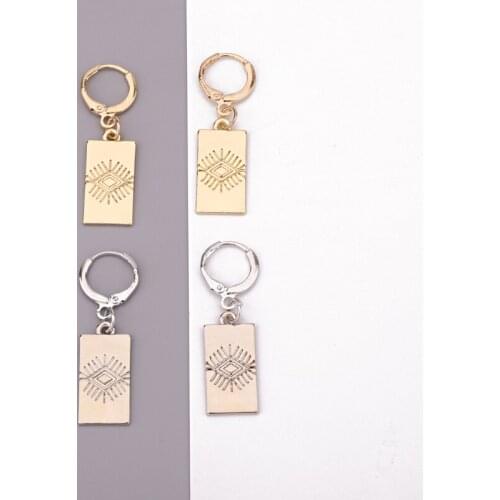 1Pair Ethnic Trendy Carving Evil Eyes Hoop Earrings For Women Gold Metal Color Rectangle Pendant Small Circle Earrings Jewelry