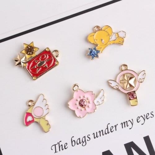 10pcs New Gold Enamel Magic Sakura Charms Claw Clasp Flower Magic Stick Pendants For Charms Jewelry Making DIY for Bracelets
