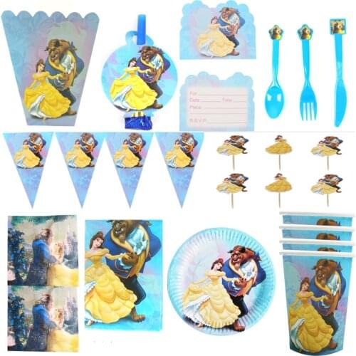 139pcs/lot Beauty And The Beast Popcorn Boxes Blowouts Invitation Cards Spoons Forks Knife Banner Cake Toppers Napkins Plates