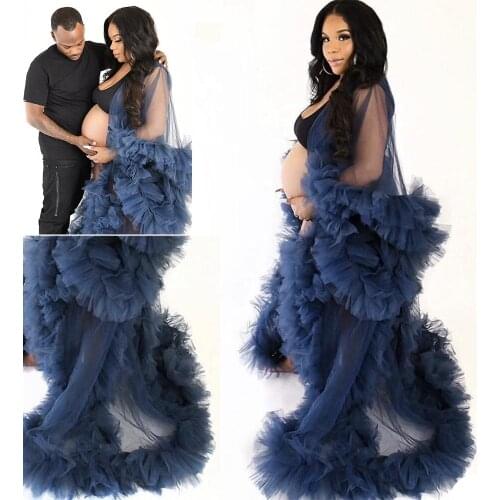 Pregnant Photo Bathrobe Pajam Robe Sexy Long Sleeves Blue Lace Tulle Gowns Custom Made Bathrobe Mesh Prom Bridesmaid Shawl 2021