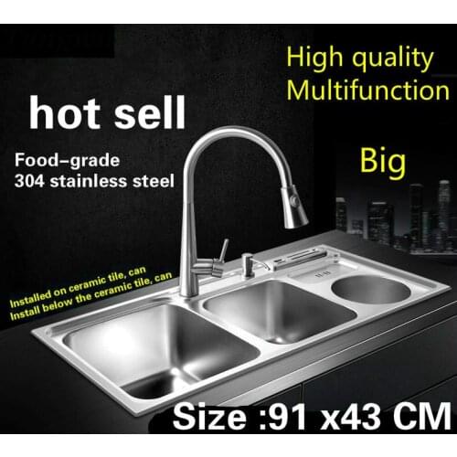 Free shipping Food grade 304 stainless steel kitchen sink 0.8 mm thick dishwashing ordinary large double groove 910x430 MM