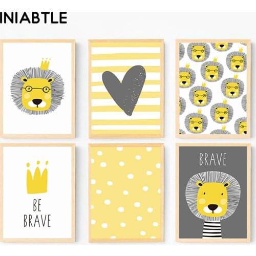 Lion Heart Crown Nursery Wall Art Canvas Painting Cartoon Posters Prints Be Brave Picture Nordic Girl Boy Baby Kids Room Decor