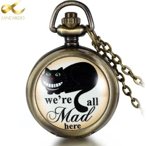 Lancardo Vintage Bronze Copper Quartz Mad Cat Pocket Watch Men Women Cute Pendant Necklace Chain Gift