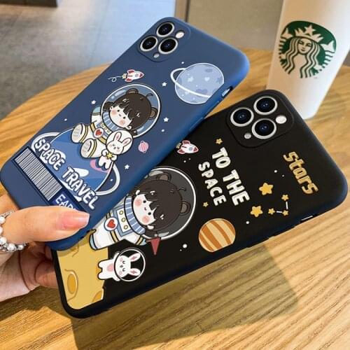 Cute Space Case For iPhone 11 12 Pro Max Soft Liquid Silicone Girl Bumper Cover For iPhone Xs Max Cases Couple 6 7 8 Plus Funda