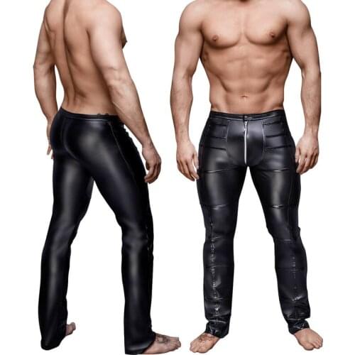 Men PU Leather Pants Patchwork Open Front Zipper Design Dance Clubwear Nightclub Shiny Trousers Men Leather Motorcycle Pants