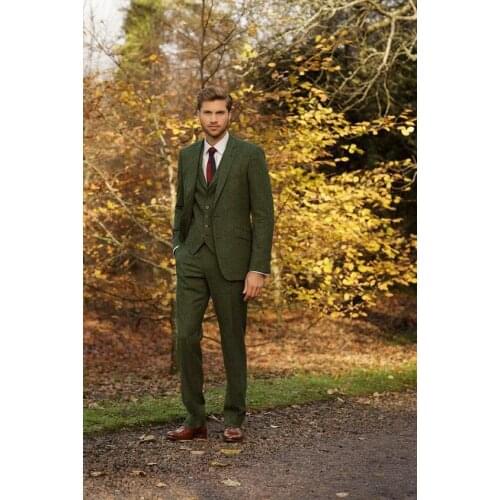 2018 Latest Coat Pant Designs Green Tweed Men Suit Slim Fit 3 Piece Tuxedo Custom Suits Groom Prom Style Blazer Terno Masculino