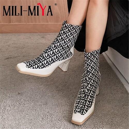 MILI-MIYA 2021 New Fashion Young Lady Autumn Winter Patchwork Ankle Boots Delicate Square Toe Thick High Heels Dress Prom Shoes