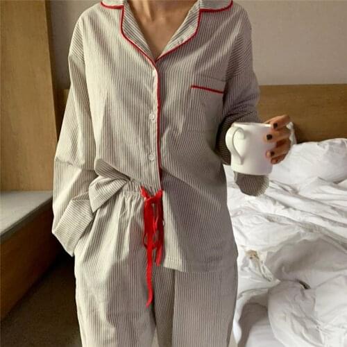 Loose striped pajamas set women pinstripe drawstring pants long sleeve tops casual cotton japanese style sleepwear L255