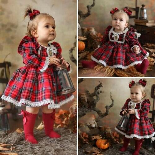 UK Toddler Kid Baby Girls Christmas Dress Xmas Pageant Party Princess Tutu Dress Red Plaid Ruffle Long Sleeve Casual Dresses