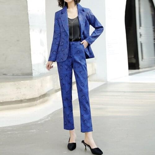 Work Pant Suits 2 Piece Set Women Print Business Interview Suit Set Uniform Slim Blazer and Pencil Pant Office Lady Suit 3XL