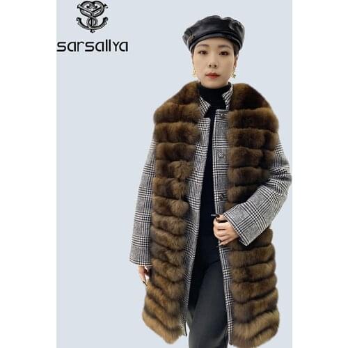 Fur Coat Women Wool Lattice With Real Fox Fur Collar Autumn Winter 2021 New Style Coats Female Trench Woolen Jacket Cotton Coat