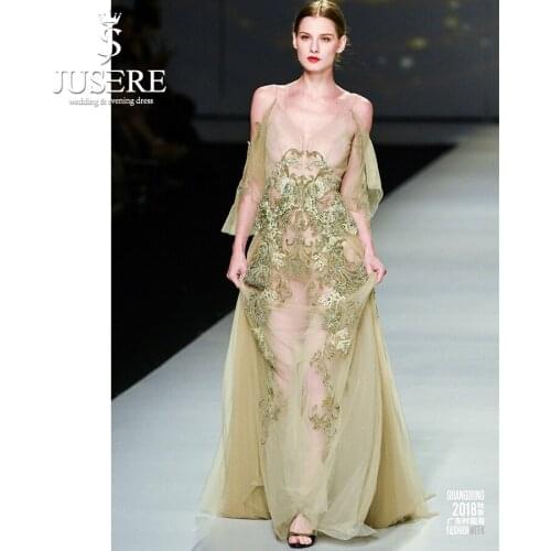 Sexy A line Off shoulder spaghetti straps flutter Side sleeves embroidered bare back evening dress designer celebrity nude dress