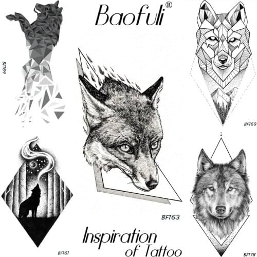 Men Temporary Geometry Tattoo Black King Wolf Pencil Drawing Tattoo Sticker Back Arm Leg Ankle Body Art Fake Waterproof Tatoos