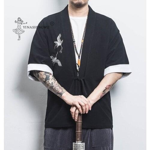 Japanese Kimono Print Yukata Coat Samurai Crane Harajuku Style Japan Haori Cardigan Asian Chinese Traditional Shirt Costume