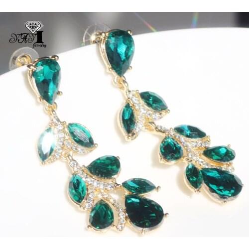 YaYi Jewelry Fashion Green Glass Rhinestone Dangle Crystal Earring Girls Lady Womens long Ear Studs Hoop Gem Earrings Gift